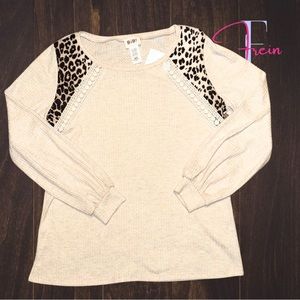 NWT Boutique Leopard Detail Waffle Knit Top